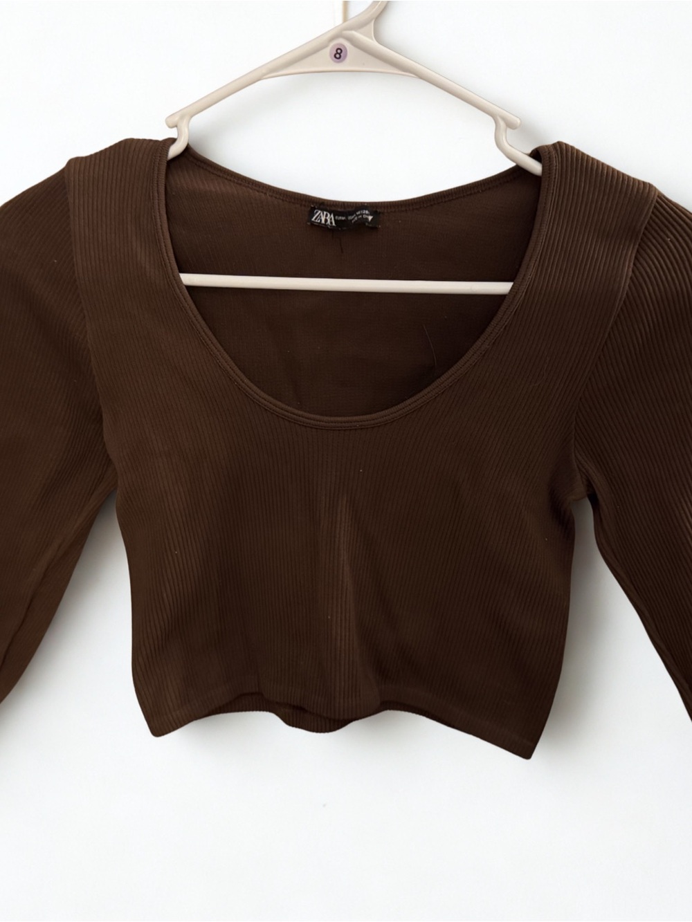 ZARA Chocolate Brown Ribbed Scoop-Neck Long Sleeve Crop Top